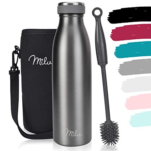 Milu Termo Botella de Agua 500ml, 750ml, 1l - Acero Inoxidable - Aislamiento de Vacío de Doble Pared - Libre BPA (Gris…