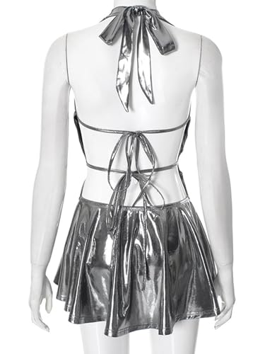 Image of Molisry Women's 2025 Satin Halter Dress Sexy Shining Open Back Bodycon Ruffle Pleated Mini Dress Club Party Silver