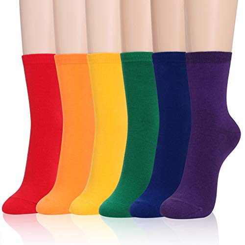 Kikiya Socks 6 Pairs of Womens Pattern Design Crew Socks Rainbow Solid | Rainbow Socks Women | Red Socks Women | Colorful Socks For Women | Pride Socks | Assorted Colored Socks | Yellow Socks Women