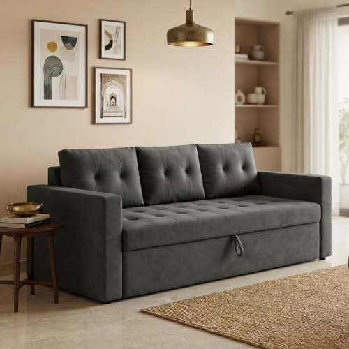 Image of FURNY Tressa 3 Seater Fabric Pull-Out Sofa Cum Bed Function (Dark Gray) | Luxury Velvet Suede Finish | Durable Comfort Sofa Bed for Modern Living Room & Office Spaces