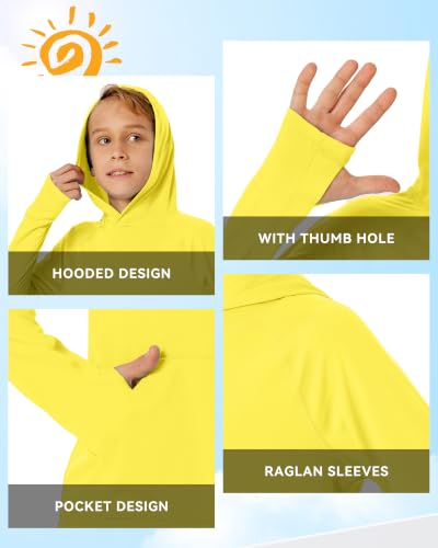 Image of Boys Rash Guard Long Sleeve Hoodie Swim Shirt with Pocket Youth Kids UPF 50+ Sun Protection Fishing Shirts Thumb Hole