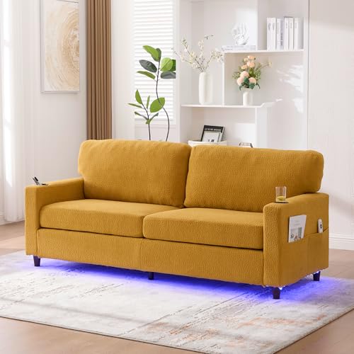 Yihomfy Canapé 2 Places Moderne pour Salon avec Rangement, éClairage LED Et Port USB, Porte-Gobelets Et Poches LatéRales, RevêTement en Chenille, pour...