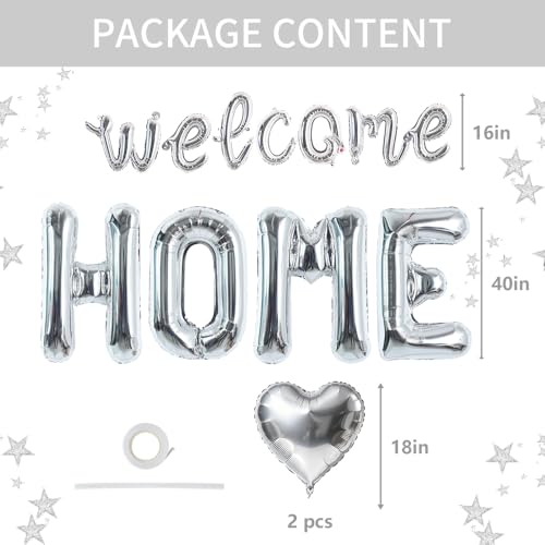 Image of TONIFUL 2 Size Silver WELCOME HOME Foil Balloons Banner Letter Decorations