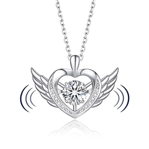 MomentWish Necklace for Women, Sparkling Gift for Her, 1Carat Moissanite Heart Pendent for Her, 925 Sterling Silver Dance Necklace for Anniversary Christmas Valentines 7 Angel Wings-1 Carat