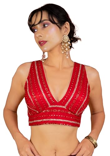 Image of FIGURE'S DESIGNER Women's Sequin Embroidered SabyaSachi Cut V Neck Sleeveless Readymade Saree Blouse E24