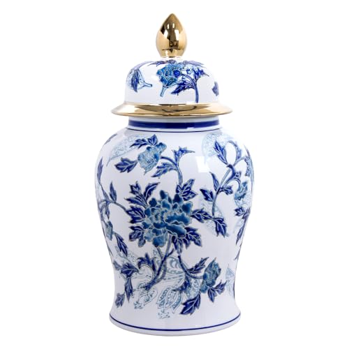 Andaliz Large Blue and White Ceramic Ginger Jar with Gold, 18.1 Inch Floral Vase Floor Decor for Living Room, Entryway Home Accent