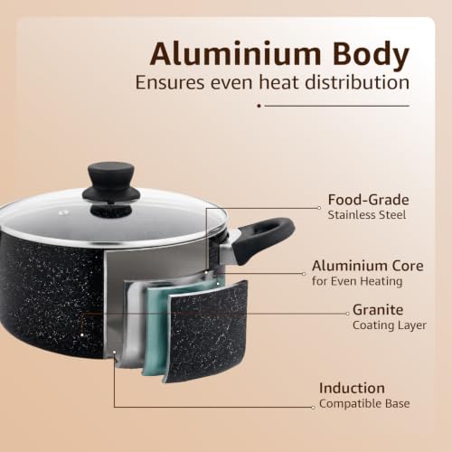 Image of Amazon Basics Granite Nonstick Cookware Set 4 Pieces | 16 cm Saucepan 1.5 L, 24 cm Fry Pan 1.6 L, 24 cm Casserole 4.7 L, 28 cm Wok 3.5 L with Lids | Aluminium Body | Gas & Induction Compatible