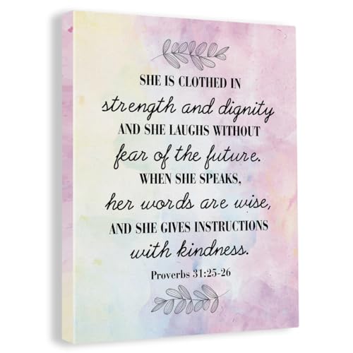 Inspirational Bible Verse Wall Art Decor Religious Canvas Painting Framed She is Clothed in Strength and Dignity Canvas Artwork Print Poster 12"x15" Decoration for Home Office