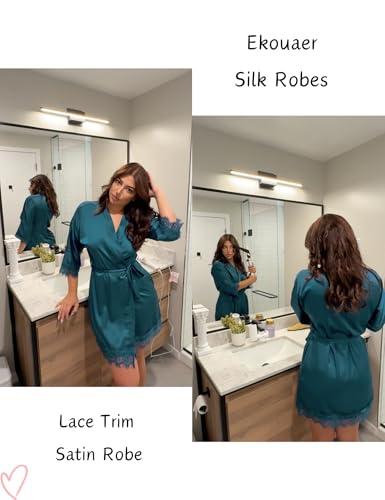 Image of Ekouaer Womens Silk Robes Short Lace Trim Satin Bride Bathrobe with Pockets