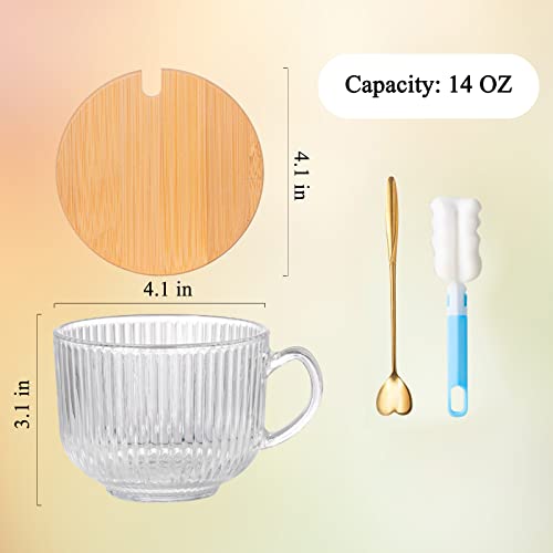 Megarte Vintage Glass Coffee Mugs - 14 Oz Ribbed Glass Mugs With Bamboo Lids And Golden Spoons Set Of 4 - Glass Coffee Cups For Cappuccino, Latte, Cereal, Yogurt, Tea Christmas Thanksgiving Gifts #TOP1