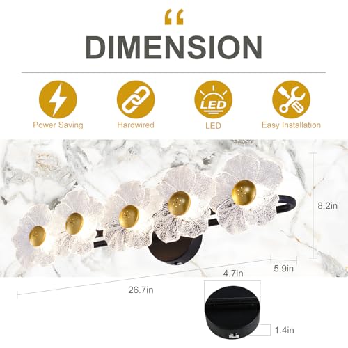 Image of 26.7 inch Black Bathroom Light Fixtures 5 Light Floral Bathroom Vanity Light, 3-Color Temperature Vanity Light Elegant Led Wall Lights Cordless Wall Sconces for Decor,Restroom,Livingroom,Bedroom