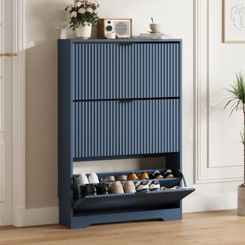 Image of HUANLEGO Shoe Cabinet Storage for Entryway with 3 Flip Drawer, Blue | Fluted Shoe Cabinet with Adjustable Shelves, Hidden Shoe Rack for Entryway, Freestanding Narrow Shoe Organizer for Hallway