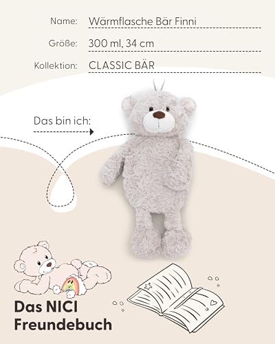NICI Wärmflasche Bär Finni 300ml 34cm - grau - Kuscheliges Wärmetier ab 10 Monaten – Plüschtier-Wärmflasche, Wärmebeutel für Kinder und Erwachsene | 62330
