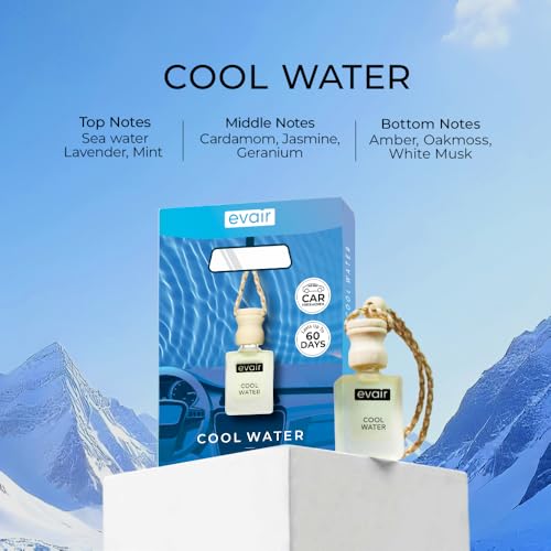 Image of Evair Cool Water Car Air Freshener, Car Aroma with Essential Oils, Hanging Perfume for Car in Glass Bottle with Wooden Diffuser Lid (10ml, Pack -1)