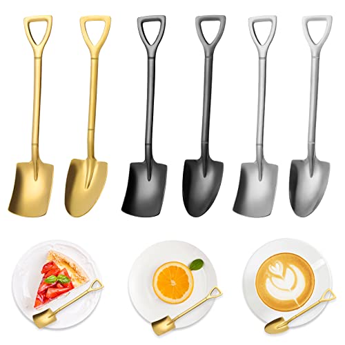 Molain Shovel Spoons, 3PCS Shovel Spoon + 3PCS Pointed Spoons, Stainless Steel Spoon Coffee Spoons Ice Cream Spoons Novelty Spade Teaspoons for Home Office Parties (Silver, Black, Gold)