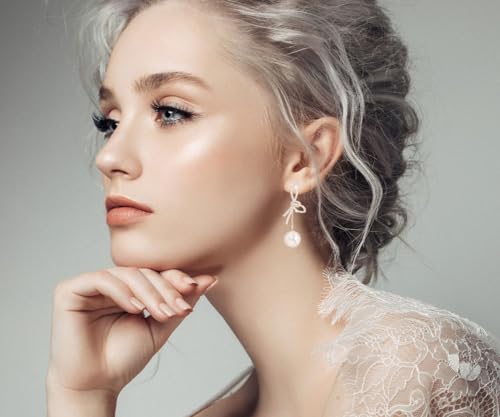 Bow Pearl Earrings for Women Crystal Bow Earrings 14K Gold Bowknot Dangle Drop Earring Dainty Statement Pearl Earring Jewelry Gifts4