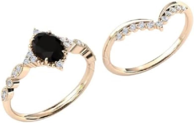 1CT-3CT Oval Cut Solitaire Wedding Ring Set Black Onyx Handmade Bridal Ring for Women Engagement Gifts for Her Black Diamond Ring 925 Silver/10K/14K/18K Solid Gold