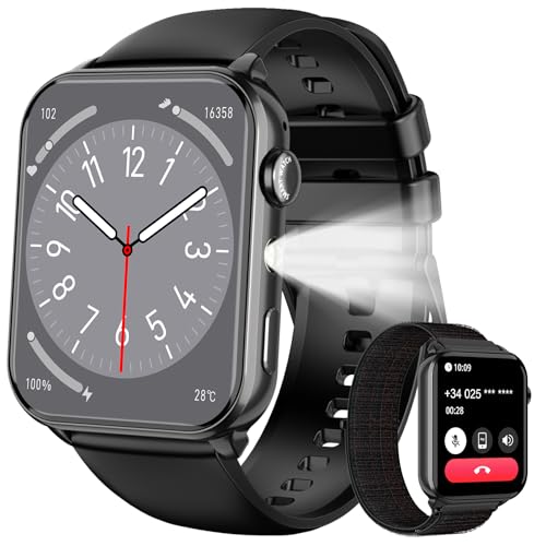 Reloj Inteligente Hombre Mujer, Smartwatch Hombre con Linterna, 1.91 Smartwatch con Llamada Bluetooth, 100+ Modos Deportivos, 2 Correas, Pulsómetro, IP68 Impermeable Reloj Deporte para Android iOS