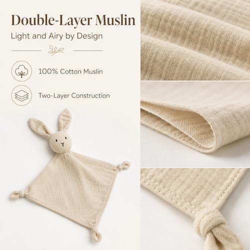 Image of ZIGJOY Muslin Bunny Lovey, Lightweight Cotton Security Blanket, Khaki | Soft, lightweight and easy for little hands to grasp, cuddle and carry at home or on the go.