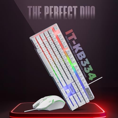 Image of Intex IT-KB334 Wired Gaming Keyboard Mouse Combo RGB Backlit 104 Keys Spill Resistant USB Plug and Play Optical Mouse for PC Laptop Desktop Computer Gaming Office Home Use (White)