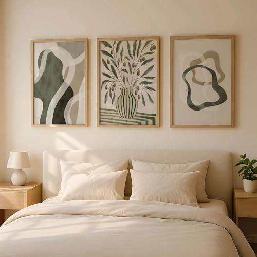 Arte de pared bohemio, impresiones de galería verde sobre lienzo, pintura minimalista botánica abstracta, pósteres modernos neutros para decoración del hogar, color oliva (50 x 70 cm, 3 unidades)