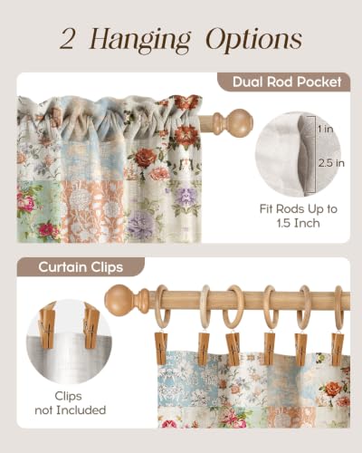 Image of Miss Adola Boho Kitchen Curtains - 24 Inch Length Linen Blend Vintage Floral Cafe Curtains Country Tier Curtain Short Drapes Rod Pocket for Bathroom Living Room Windows Light Filtering, 2 Panels
