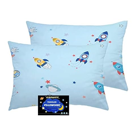 Baby Toddler Pillowcase 2 Pack, Cot Bed Pillow Pair Cases 40 x 60cm, 100% Cotton Soft Pillow Cover for Boys Girls Kids Bedding, Envelope Closure Machine Washable Travel Pillow Pillowcase(Space Rocket) Cover