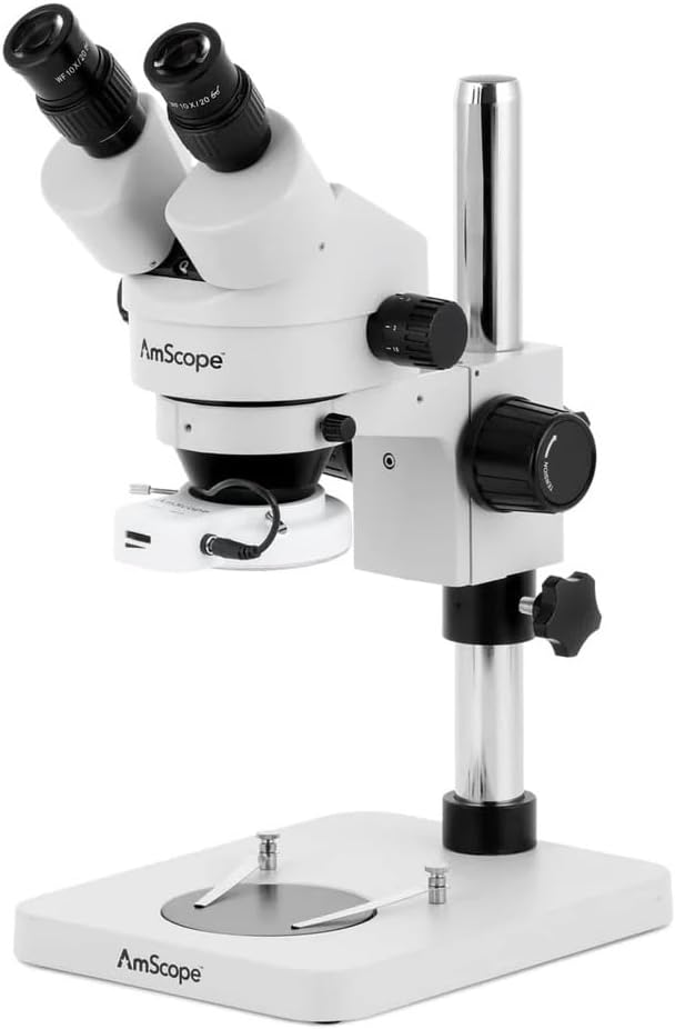 AmScope SM-1BSX-64S Professional Binocular Stereo Zoom Microscope, WH10x Eyepieces, 3.5X-45X Magnification, 0.7X-4.5X Zoom Objective, 64-Bulb LED Ring Light, Pillar Stand, Includes 0.5x Barlow Lens