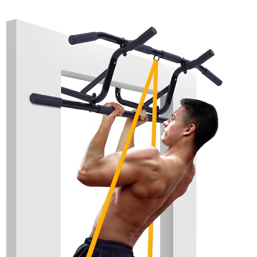 AthleticPro Klimmzugstange für Türrahmen ohne Bohren zum Einhängen Stabile Pull Up Bar & Türreck für Zuhause [bis 90cm breite Tür] Für Klimmzüge Dips & Push-Ups (Schwarz Profi Klimmzustange)