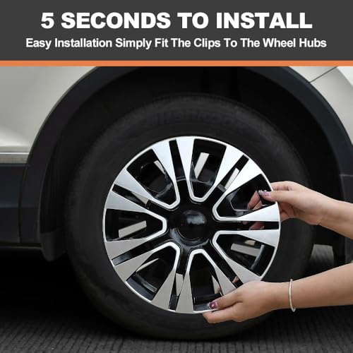 Image of Black with Silver Hubcap Wheel Cover Replacement Kit 14 inch Hub Caps Wheel Rim Cover Car Exterior Accessories Pack of 4, 14 Inches