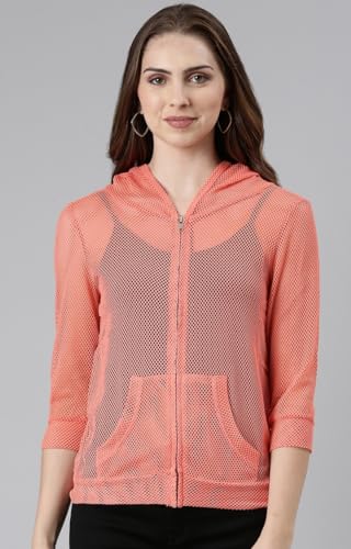 Image of SHOWOFFFF Women Solid Front-Open Jacket | Hooded Full Sleeves Net Jacket's for Womens | Coral Regular Fit Regular Length Jackets for Women's