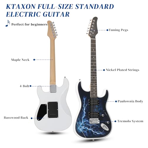 Image of Ktaxon 39 Inch Solid Body Electric Guitar with H-H Pickup, White Lightning | 6 Strings Guitarra Electrica with Gig Bag, Strap, Whammy Bar, Maple Neck for Beginners & Musicians, Rock Metal, Right Hand