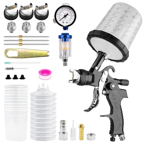 HVLP Fließbecher Lackierpistole Spritzpistole Premium-Kit mit 1 4/1 7/2 0 mm Düsen & Luftdruckregler und 10 Stück 650ML Mischbecher Farbsprühgerät für den Automobilbereich (Schwarz)