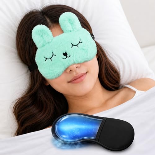 Image of Jenna Cute Fur Gel Sleeping Eye Shade Mask Cover for Insomnia, Meditation, Puffy Eyes and Dark Circles Bunny Green