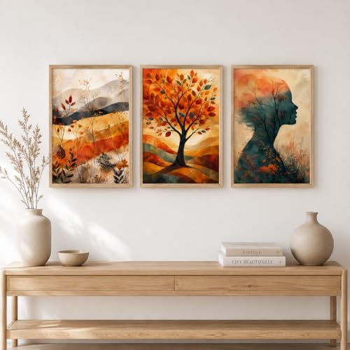 Image of Livin'luxe Set of 3 Abstract Autumn Tree Women Wall Paintings for Living Room Dining Bedroom Decor with Premium Wooden Color Synthetic Frame (25.5 x 19.5 Inch) NM03-89