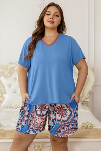 Image of Vozanet Women's Short Sleeve Top and Shorts Pajama Sets Plus Size V Neck Colorful Flower Nighty Loungewear With TWO Pockets