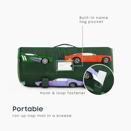 Image of Wake In Cloud - Toddler Nap Mat with Pillow and Blanket, for Kids Boys Ages 3 Plus in Kindergarten Daycare Preschool, Roll Up Sleeping Bag, Race Cars Vehicles