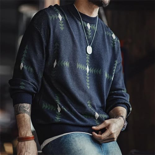 Men's Retro Pattern Knit Pullover Sweater Loose Fit Round Neck College Style Soft Long Sleeve Christmas Casual Top3