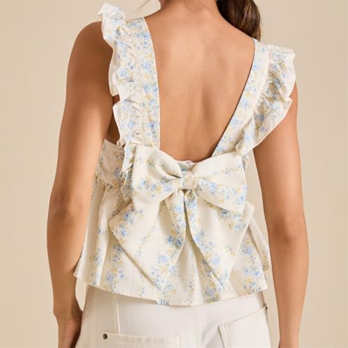 Women Babydoll Floral Tank Top Flower Print Ruffle Strap Sleeveless Peplum Shirt Flutter Sleeve Square Neck Cami Top3