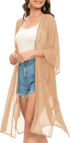 Image of Indian Trendy Women's Solid Puff Sleeve Kimono Long Cardigan Loose Cover Up Casual Blouse Top Chiffon