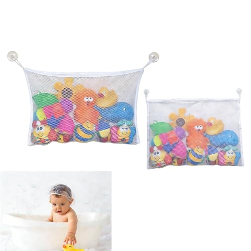 2PCS Bath Toy Storage 2 Sizes Bath Toys Net With Suction Cup Foldable Bathtub Toy Holder for Kids Multi-use Organizer Bags Mesh for Bathroom Shower Supplies Organization Anti Mould Keep Dry (White)