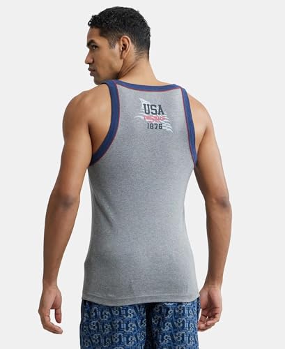 Image of Jockey US54 Men's Super Combed Cotton Rib Square Neckline Slim Fit Gym Vest with Back Panel Graphic Print (Shoulder Starp Color May Vary)