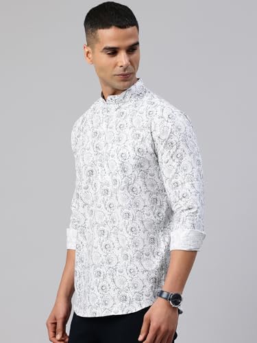 Image of Majestic Man Men's Pure Cotton Printed Mandarin Collar Regular Fit Roll-Up Sleeves Short Kurta