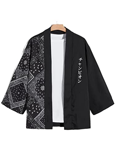 Men Japanese Cardigan Print Splicing Kimono Street Half Sleeve Shirt