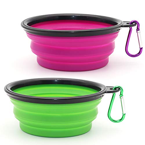 Image of Collapsible Dog Bowl, 2 Pack Collapsible Dog Water Bowls for Cats Dogs, Portable Pet Feeding Watering Dish for Walking Parking Traveling with 2 Carabiners (Small, Green+Purple)