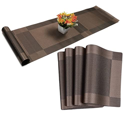Image of Placemats and Table Runner - Heat-Resistant Mats for Dining Table - Kitchen Set (4-Piece Placemats, 1-Piece Runner, Brown)