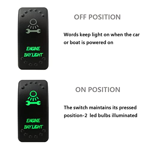 Image of Green Backlit Rocker Switch 5 Pin ON-Off Laser Etched Button Switch with Wires for Car Marine Boat UTV 20A /12V 10A /24V (Engine Bay Light)