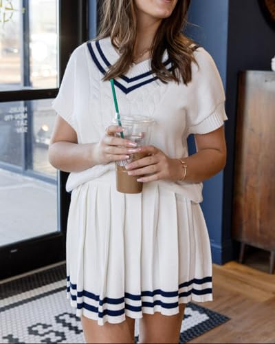 Image of Women 2 Piece Skirt Sets Summer Short Sleeve Cable Striped Knit Tops and Pleated Mini Skirt Two Piece Outfits