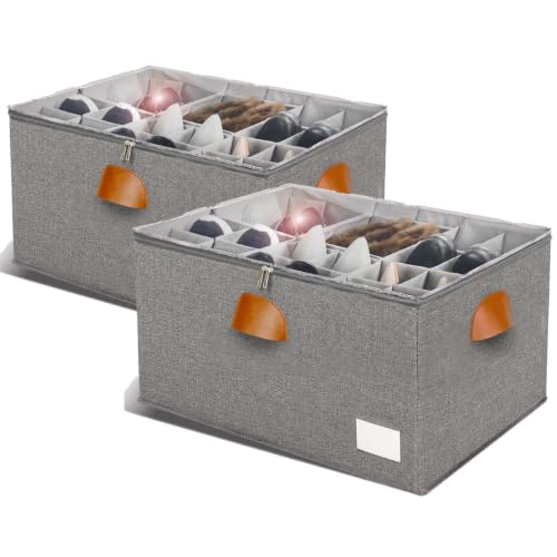 Image of 2 Pack Shoe Organizer for Closet Foldable Storage Box with Clear Cover | Fits 24-48 Pairs Boots and Heels Sneaker Sandals Stackable with Adjustable Divider Space Saving Dorm Grey
