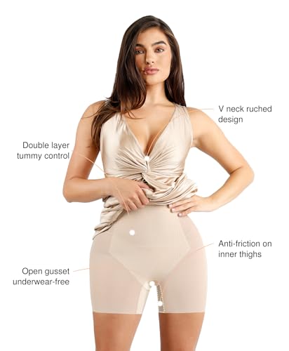 Image of Popilush Shapewear Dress Ruched Bodycon - Deep V Neck Maxi Formal Dresses Built in Shapewear Sleeveless Long Dress